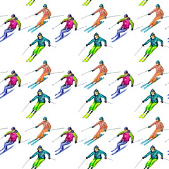 Fototapeta premium Skiers. Seamless texture watercolor