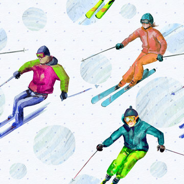 Skiers. Seamless texture watercolor