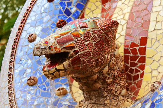 Sculpture with tile mosaic in the Park Guell  in Barcelona