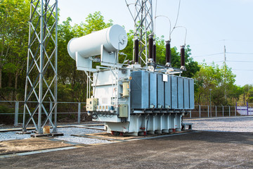 Transformer station and the high voltage electric pole - obrazy, fototapety, plakaty
