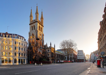 Street Holborn  in London with church
