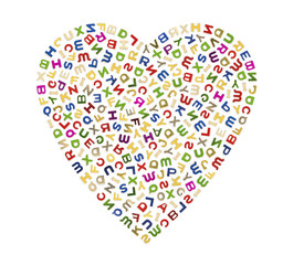 A big heart made up of many colorful letters