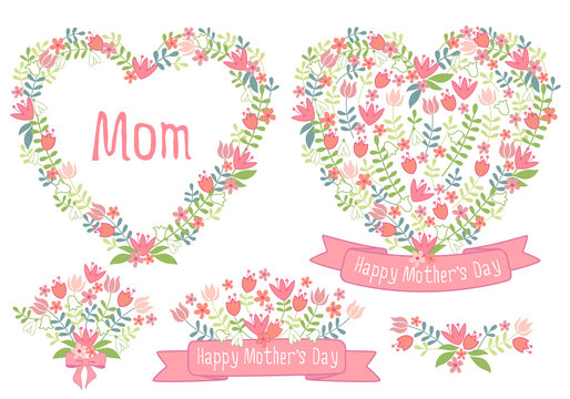 Happy mothers day, floral hearts, vector set