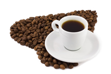 Black coffee beans as a heart and cup