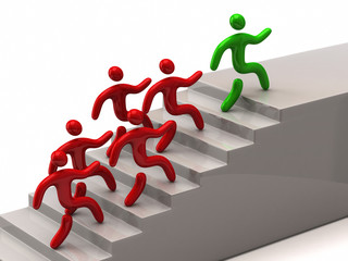 Green leader climbing up stairs