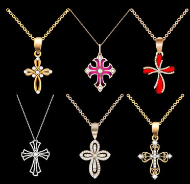 set gold cross pendant with gems