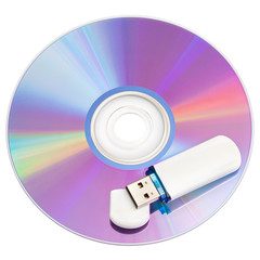 cd disks and flash drive on white background