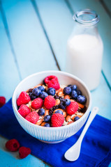 Granola with berries and almonds in a bowl