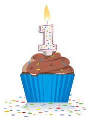 first birthday cupcake with lit candle in shape of number one 