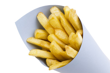 Serving of crispy golden french fries in a paper container, perfect for fast food promotions, restaurant advertising, and snack-related content. The crunchy texture makes it an irresistible treat.