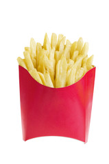 Red box filled with golden, crispy French fries on a clean white background. Perfect for fast food...