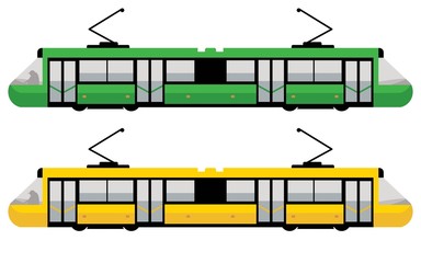 modern tram, green and yellow color