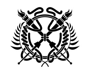 Crossed flaming torches over a laurel wreath