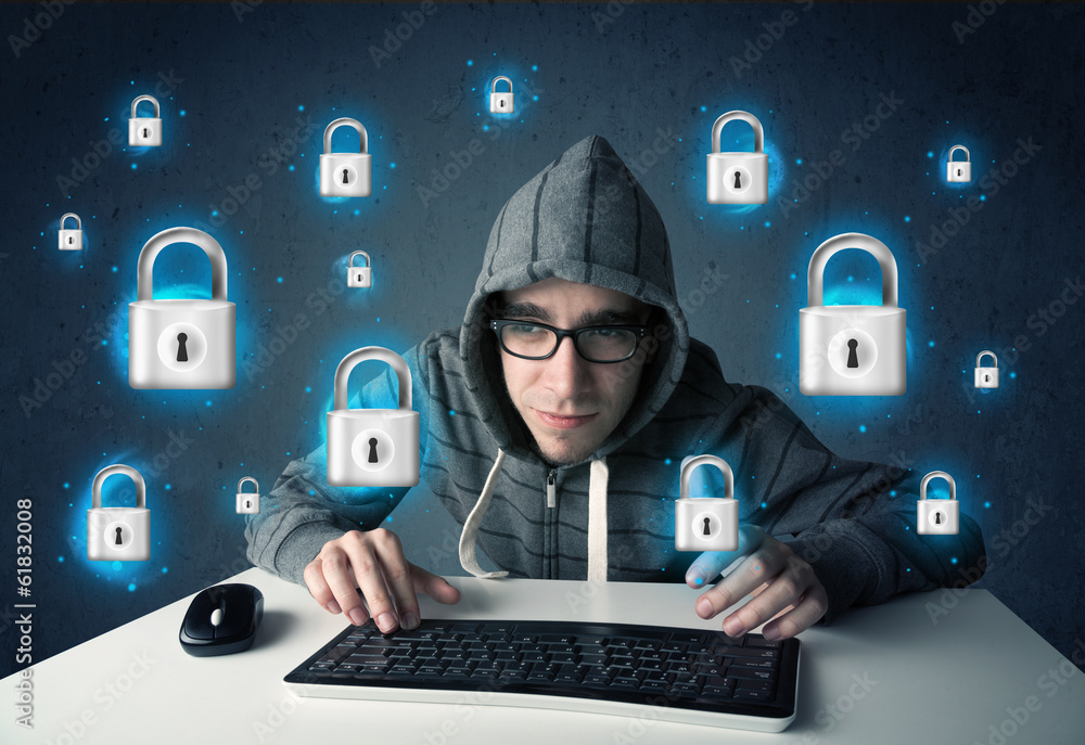 Poster young hacker with virtual lock symbols and icons
