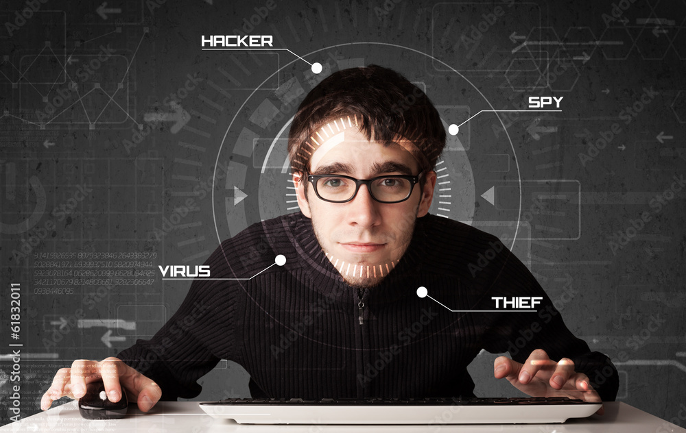 Poster young hacker in futuristic enviroment hacking personal informati