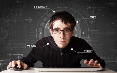Young hacker in futuristic enviroment hacking personal informati