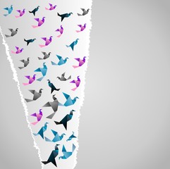 Origami  background. Paper is transformed to birds.