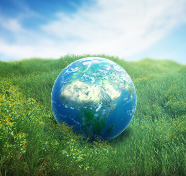 Earth in a green  field of grass