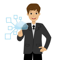 a businessman presses an index finger the virtual button