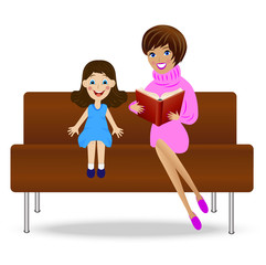 young woman read book little daughter, sitting on sofa