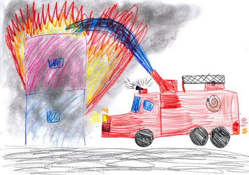 fire truck rescues house. child drawing