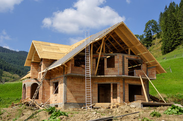 Ecological wooden house under construction in Vatra Dornei, Romania