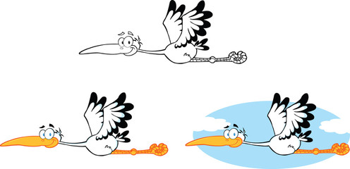 Happy Flying Stork Cartoon Character. Set Collection
