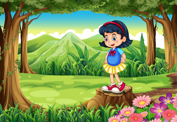 Obraz na płótnie Canvas A young girl standing above the stump