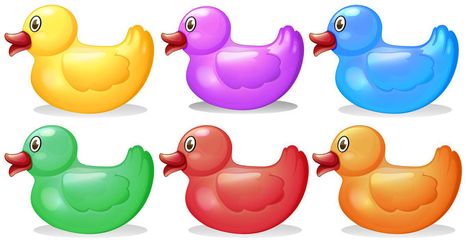 Six colorful rubber ducks