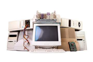 old computer and electronic parts isolated on white background