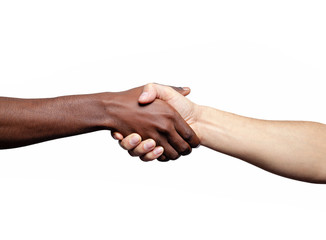 Handshake between african and a caucasian man, isolated on a whi