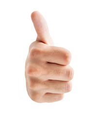 Human hand showing thumb up sign over white background