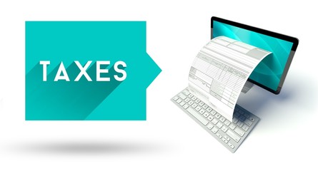 Taxes computer with online tax form or invoice - obrazy, fototapety, plakaty
