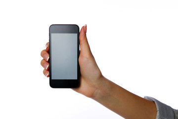 Closeup portrait of a female hand holding smartphone