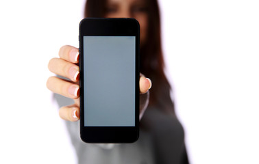 Woman showing smartphone screen isolated on white background