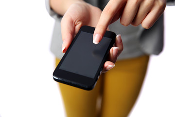 Woman pointing at smartphone screen