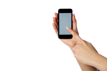 Closeup portrait of a female hands holding smartphone 