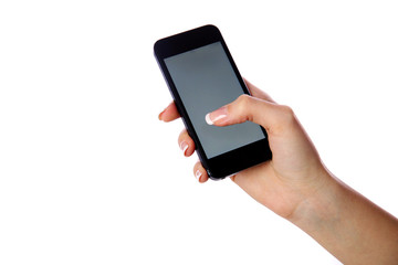 Closeup portrait of a female hand holding smartphone