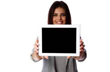 Woman showing tablet computer screen