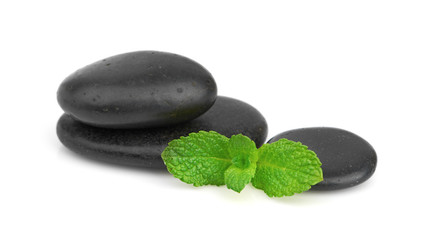 Fototapeta na wymiar Fresh mint on the black stones with drops