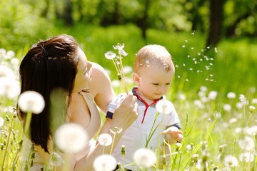 Young mother and her cute son blowing dandelion flowers together