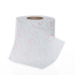 Single roll of toilet paper with hearts pattern