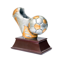 Prize in the form of shoes and a soccer ball on a stand
