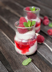 Delicious dessert  with fresh raspberry and mint