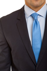 black suit with blue tie