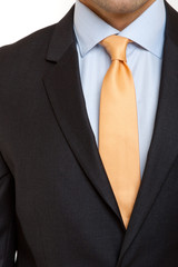 black suit with yellow  tie