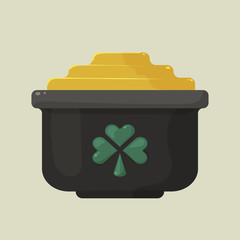 Stylized shiny cartoon pot of gold with a green shamrock