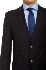 black suit with blue tie
