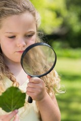 Girl holding leaf and magnifying glass at park