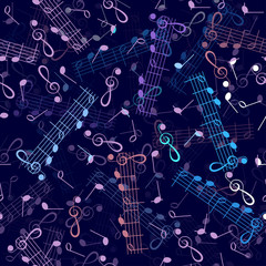 music notation repeating pattern on dark-blue background - obrazy, fototapety, plakaty
